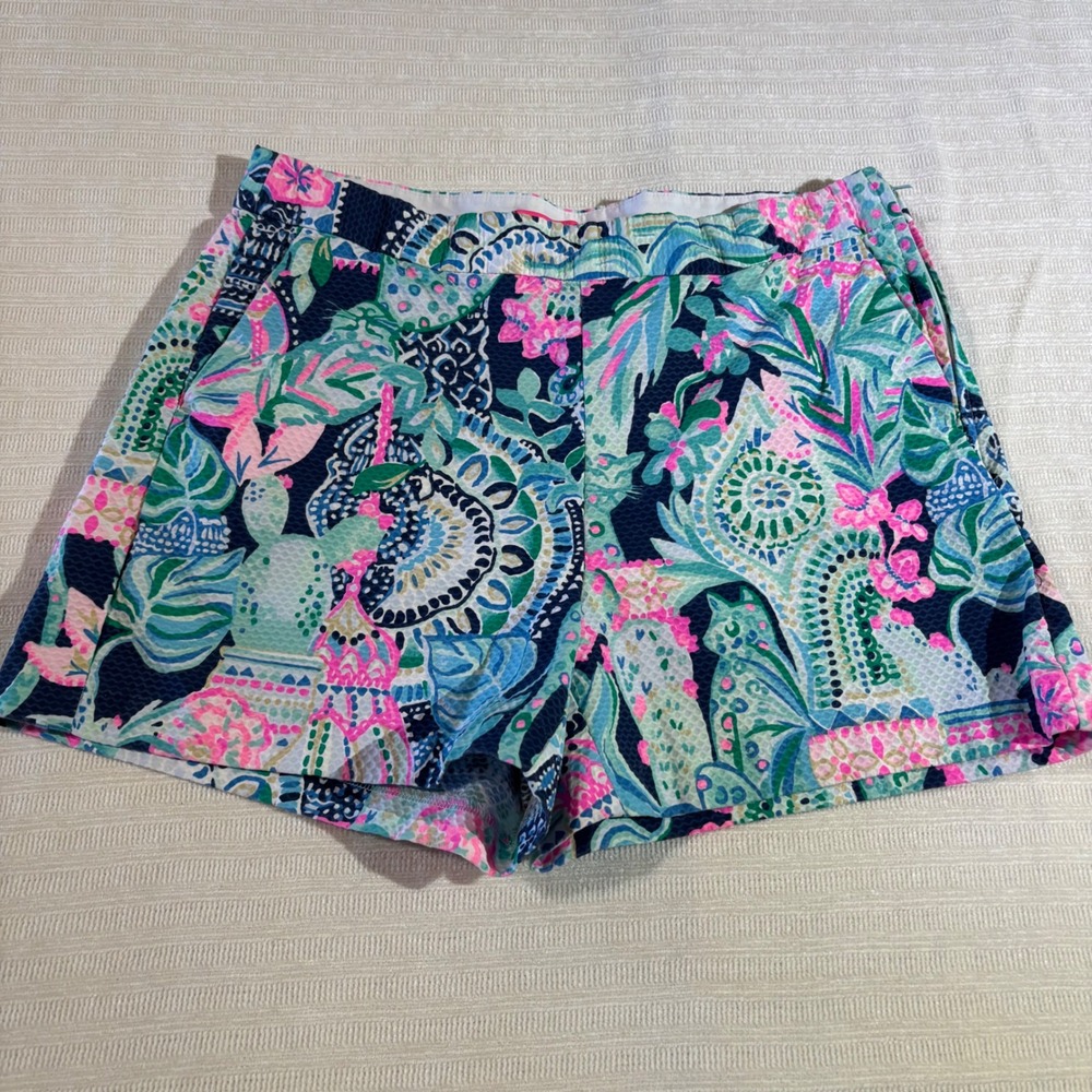 Lilly Pulitzer Buttercup Shorts Blue Pink Tropical Floral Seersucker Size 4